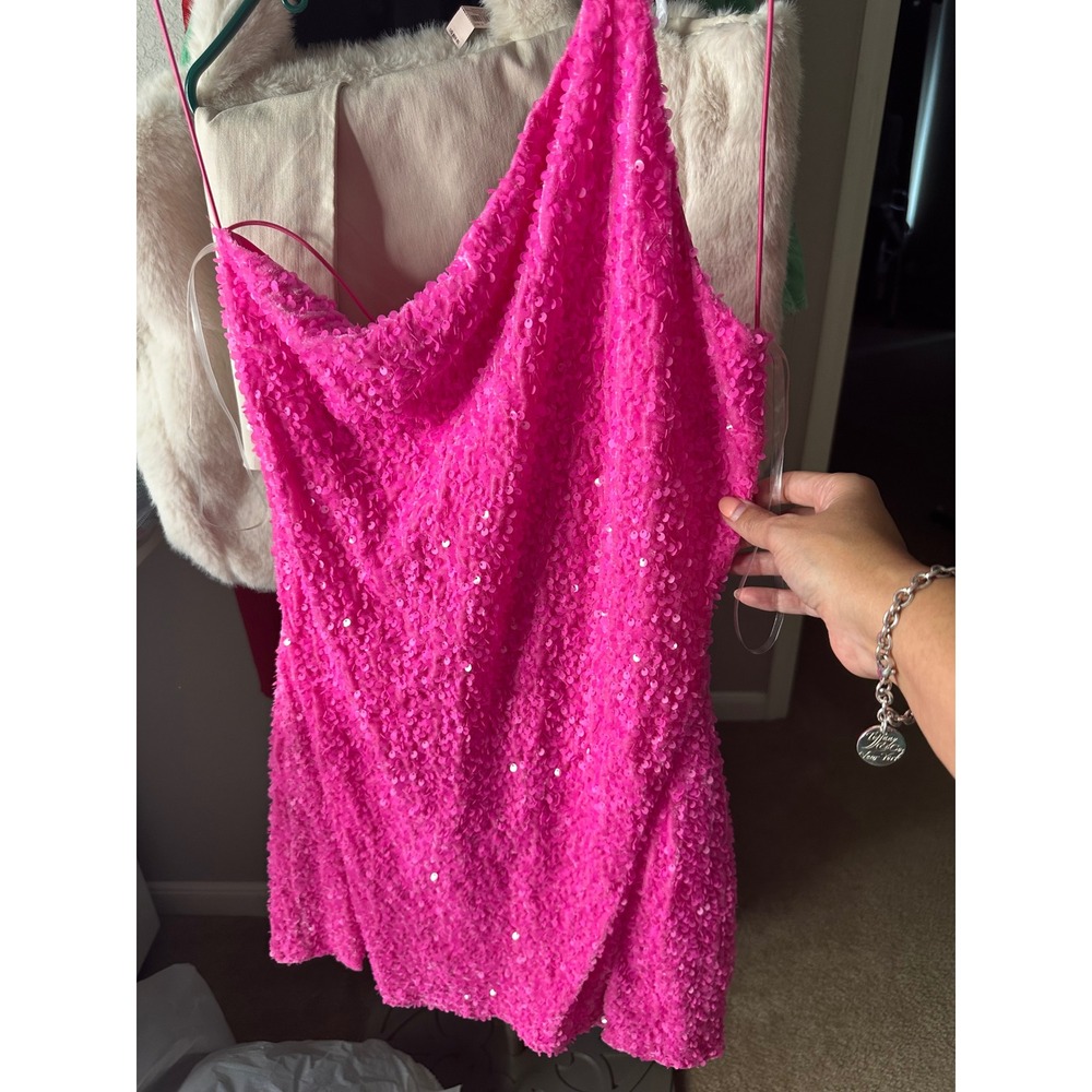 Crystal Doll Sequin Mini Dress Womens Large Neon Pink NEW One Shoulder Cowl Neck